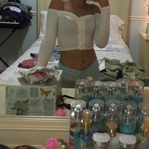 off the shoulder white long sleeve crop top
